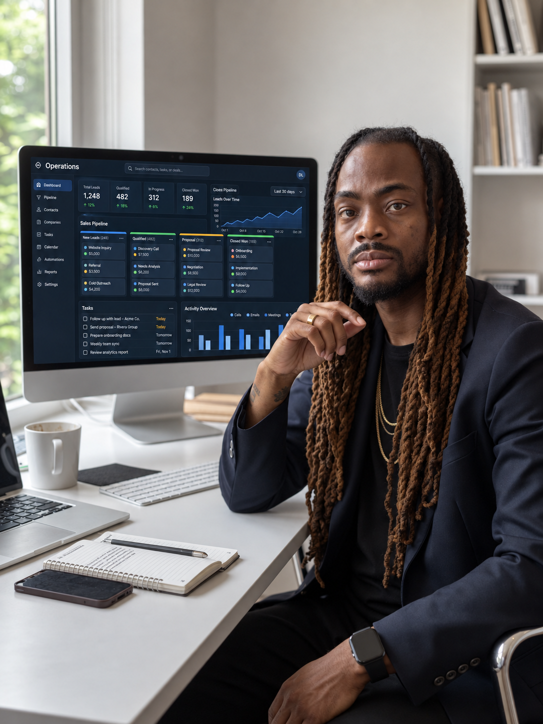 Marquest, founder of Digital Leverage, seated at his desk in front of a business operations dashboard