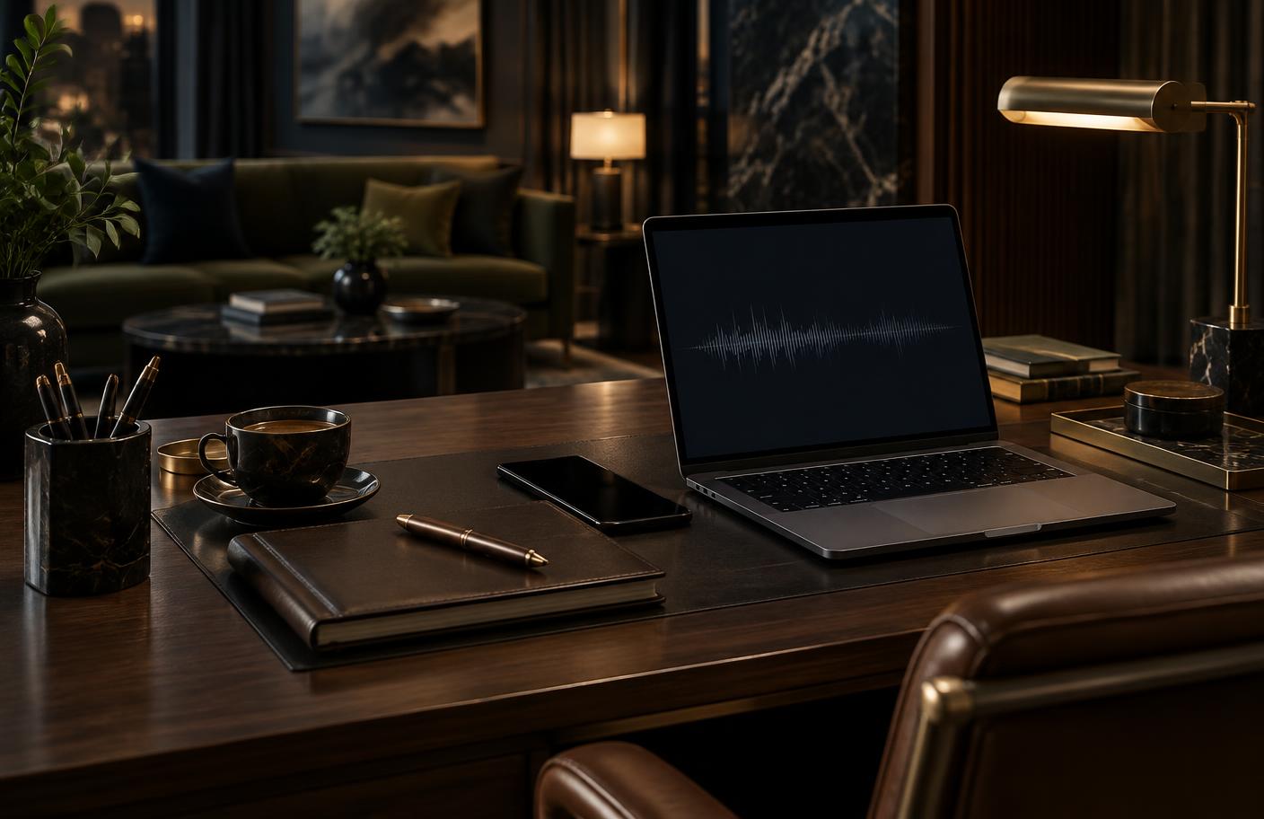 An organized call operations workspace with a laptop displaying an audio waveform